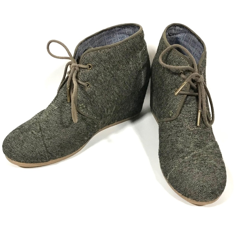 Tom’s Desert Wedge Lace Up Ankle Boots Size 9 Wide Army Green Herringbone